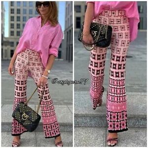 Zara Pink and Black Patterned Flare Pants